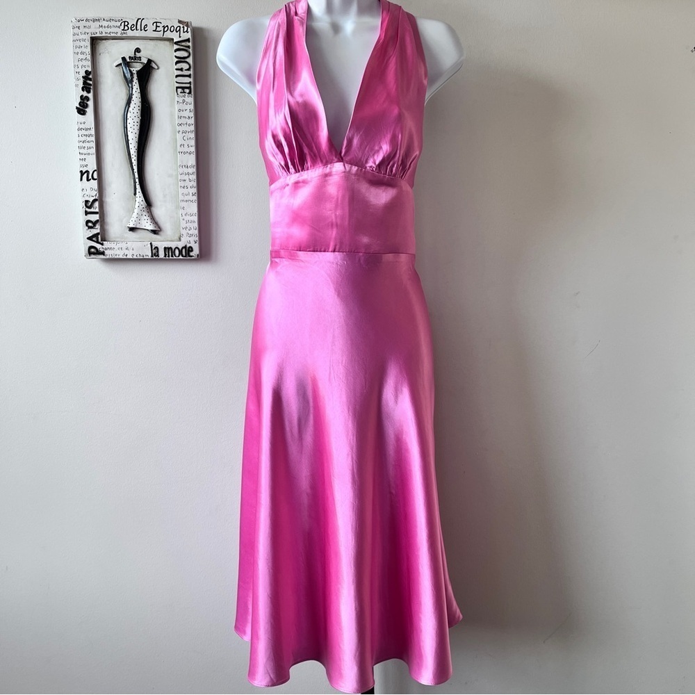 Y2K ABS Allen Schwartz Pink Satin Halter Wedding Guest Vintage Dress Size 14